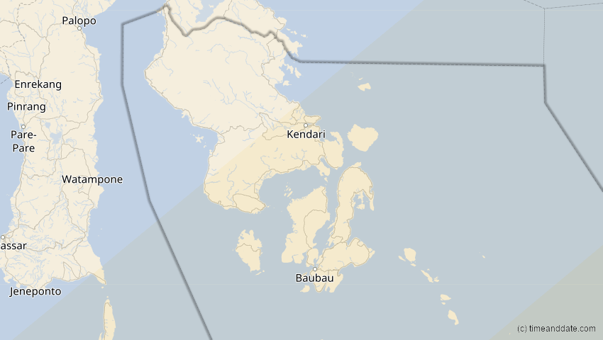 A map of Sulawesi Tenggara, Indonesien, showing the path of the 22. Mai 2077 Totale Sonnenfinsternis