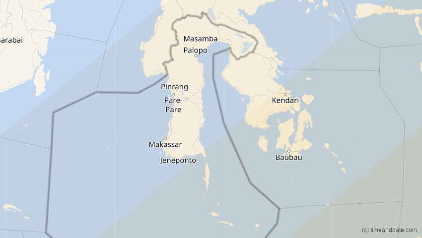 A map of Sulawesi Selatan, Indonesien, showing the path of the 22. Mai 2077 Totale Sonnenfinsternis