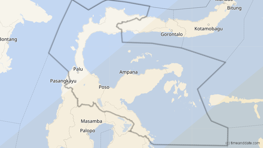 A map of Sulawesi Tengah, Indonesien, showing the path of the 22. Mai 2077 Totale Sonnenfinsternis