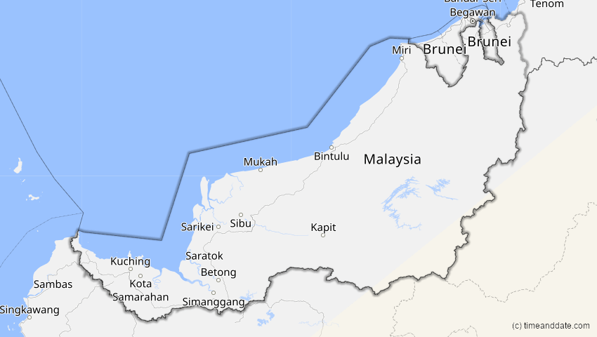 A map of Sarawak, Malaysia, showing the path of the 22. Mai 2077 Totale Sonnenfinsternis
