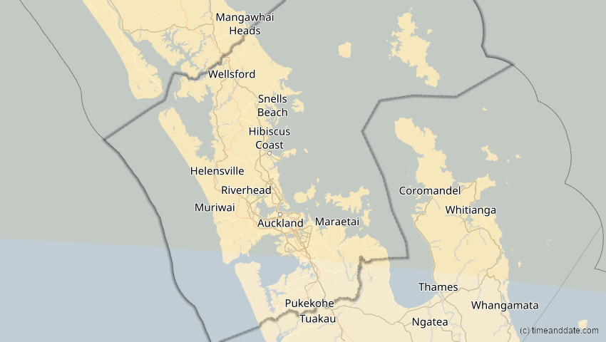 A map of Auckland, Neuseeland, showing the path of the 22. Mai 2077 Totale Sonnenfinsternis
