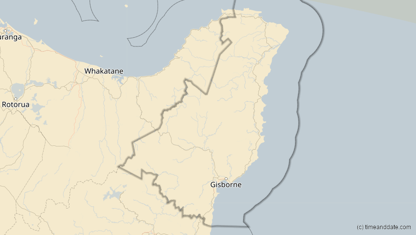 A map of Gisborne, Neuseeland, showing the path of the 22. Mai 2077 Totale Sonnenfinsternis