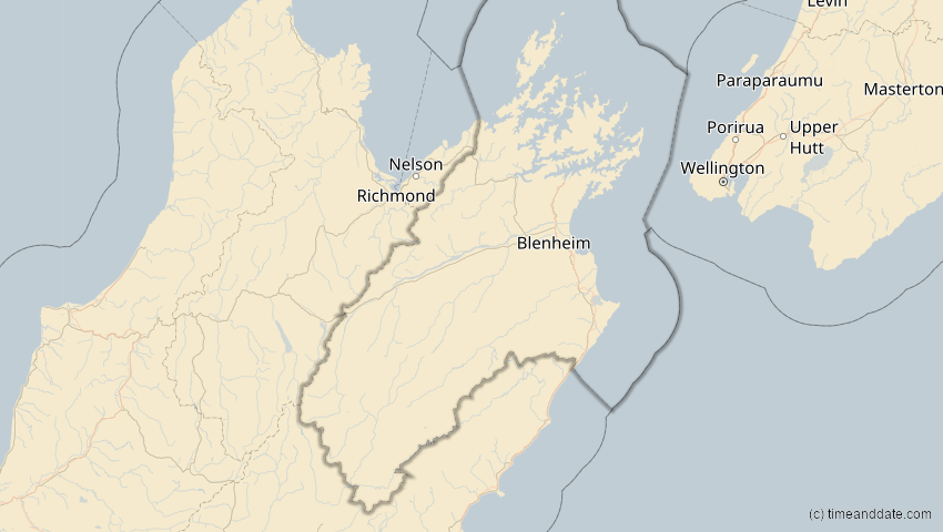 A map of Marlborough, Neuseeland, showing the path of the 22. Mai 2077 Totale Sonnenfinsternis