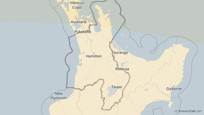 A map of Waikato, Neuseeland, showing the path of the 22. Mai 2077 Totale Sonnenfinsternis