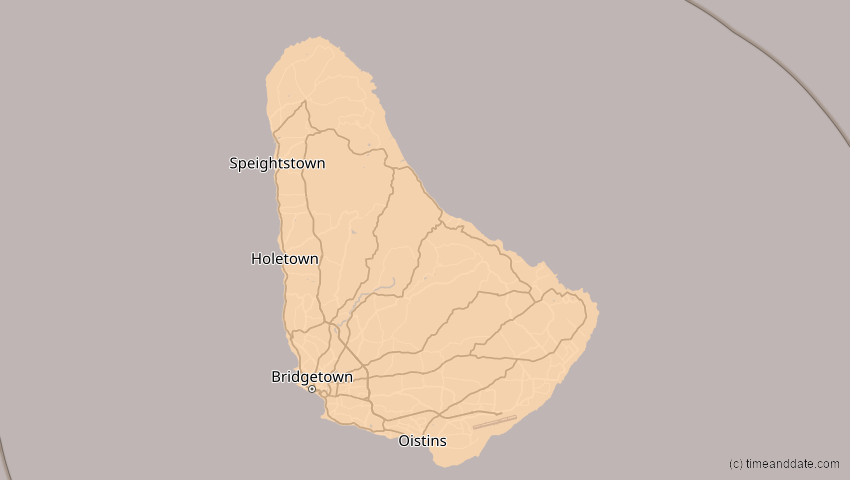A map of Barbados, showing the path of the 15. Nov 2077 Ringförmige Sonnenfinsternis