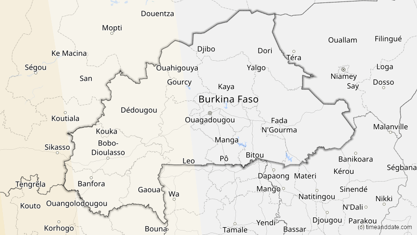A map of Burkina Faso, showing the path of the 15. Nov 2077 Ringförmige Sonnenfinsternis