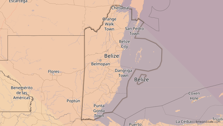 A map of Belize, showing the path of the 15. Nov 2077 Ringförmige Sonnenfinsternis