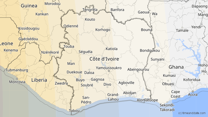 A map of Elfenbeinküste (Côte d'Ivoire), showing the path of the 15. Nov 2077 Ringförmige Sonnenfinsternis
