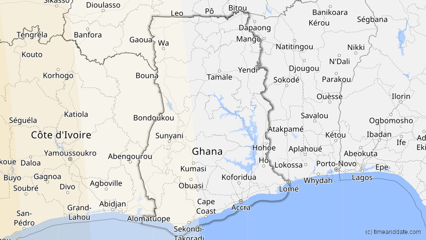 A map of Ghana, showing the path of the 15. Nov 2077 Ringförmige Sonnenfinsternis