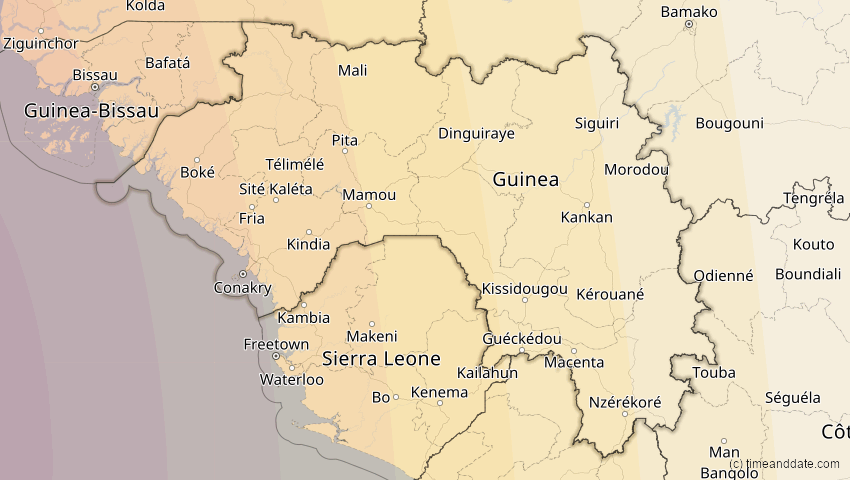 A map of Guinea, showing the path of the 15. Nov 2077 Ringförmige Sonnenfinsternis