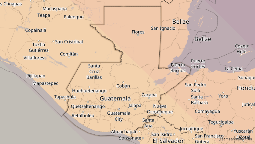 A map of Guatemala, showing the path of the 15. Nov 2077 Ringförmige Sonnenfinsternis