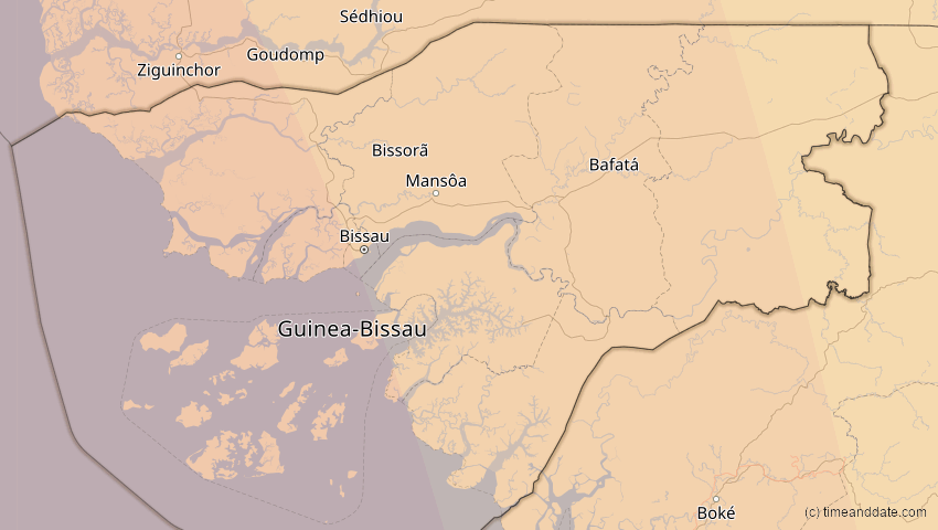 A map of Guinea-Bissau, showing the path of the 15. Nov 2077 Ringförmige Sonnenfinsternis