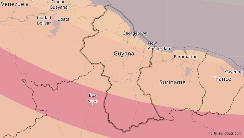 A map of Guyana, showing the path of the 15. Nov 2077 Ringförmige Sonnenfinsternis