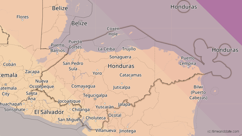 A map of Honduras, showing the path of the 15. Nov 2077 Ringförmige Sonnenfinsternis