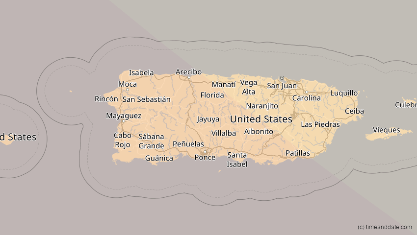 A map of Puerto Rico, showing the path of the 15. Nov 2077 Ringförmige Sonnenfinsternis