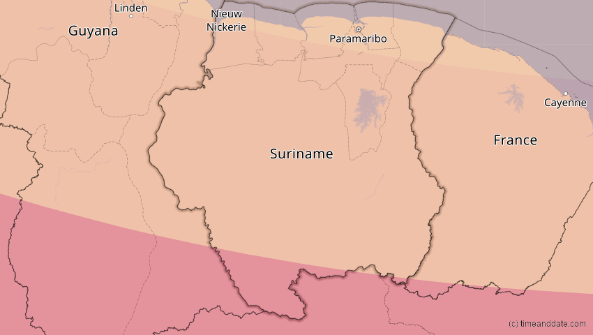 A map of Suriname, showing the path of the 15. Nov 2077 Ringförmige Sonnenfinsternis
