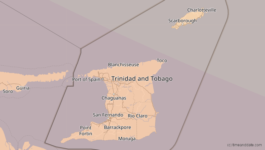 A map of Trinidad und Tobago, showing the path of the 15. Nov 2077 Ringförmige Sonnenfinsternis