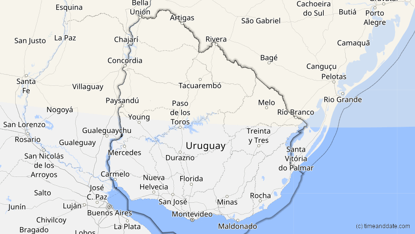 A map of Uruguay, showing the path of the 15. Nov 2077 Ringförmige Sonnenfinsternis