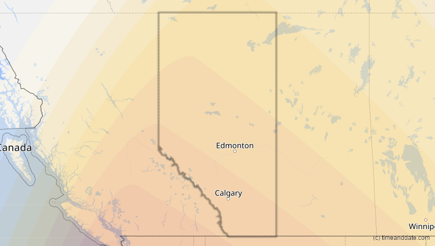 A map of Alberta, Kanada, showing the path of the 15. Nov 2077 Ringförmige Sonnenfinsternis