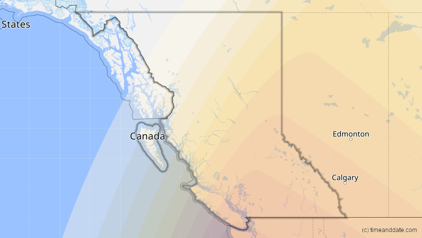 A map of British Columbia, Kanada, showing the path of the 15. Nov 2077 Ringförmige Sonnenfinsternis