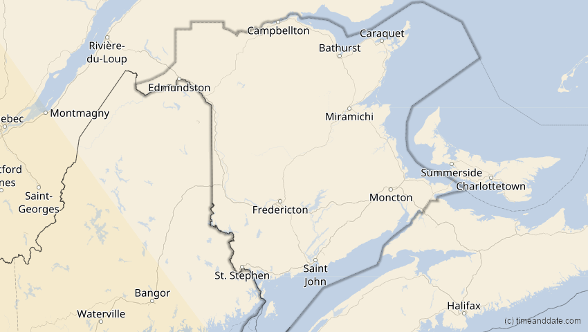 A map of New Brunswick, Kanada, showing the path of the 15. Nov 2077 Ringförmige Sonnenfinsternis
