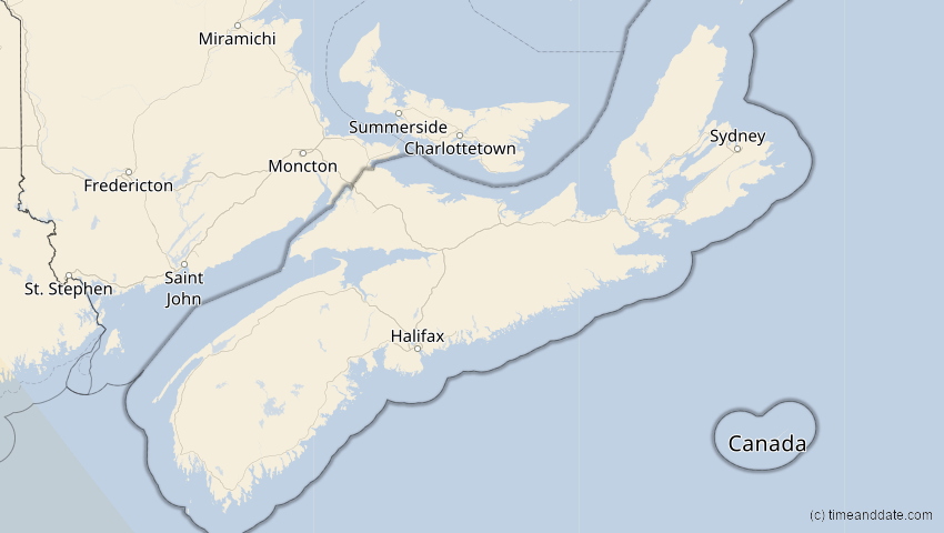 A map of Nova Scotia, Kanada, showing the path of the 15. Nov 2077 Ringförmige Sonnenfinsternis