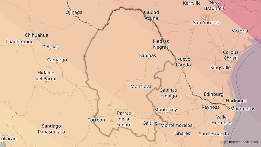 A map of Coahuila, Mexiko, showing the path of the 15. Nov 2077 Ringförmige Sonnenfinsternis