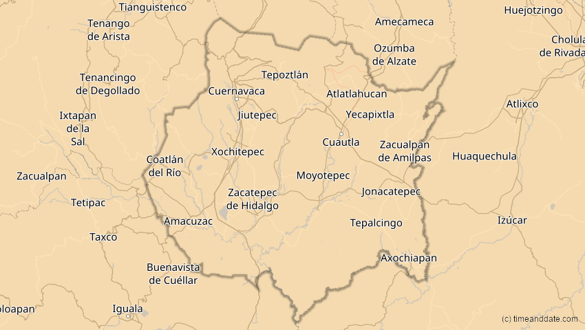 A map of Morelos, Mexiko, showing the path of the 15. Nov 2077 Ringförmige Sonnenfinsternis