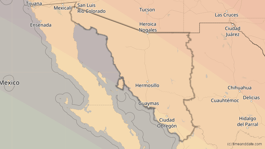 A map of Sonora, Mexiko, showing the path of the 15. Nov 2077 Ringförmige Sonnenfinsternis