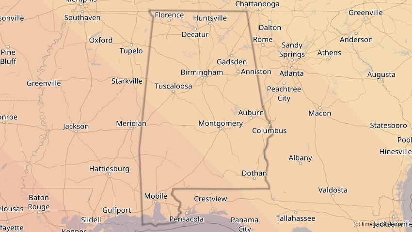 A map of Alabama, USA, showing the path of the 15. Nov 2077 Ringförmige Sonnenfinsternis