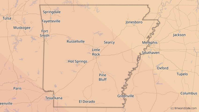 A map of Arkansas, USA, showing the path of the 15. Nov 2077 Ringförmige Sonnenfinsternis