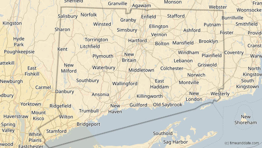 A map of Connecticut, USA, showing the path of the 15. Nov 2077 Ringförmige Sonnenfinsternis