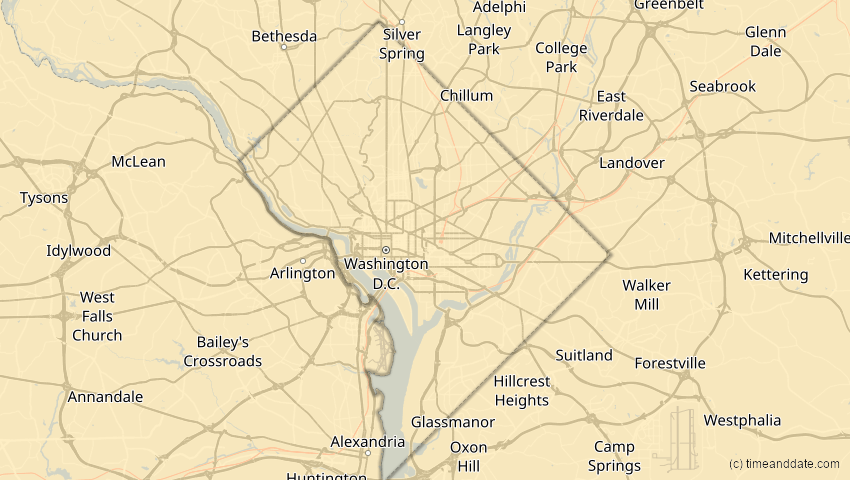 A map of District of Columbia, USA, showing the path of the 15. Nov 2077 Ringförmige Sonnenfinsternis
