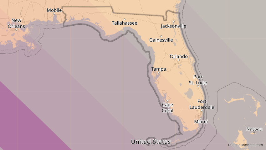 A map of Florida, USA, showing the path of the 15. Nov 2077 Ringförmige Sonnenfinsternis