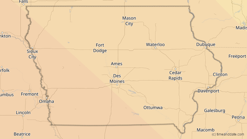 A map of Iowa, USA, showing the path of the 15. Nov 2077 Ringförmige Sonnenfinsternis