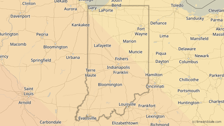 A map of Indiana, USA, showing the path of the 15. Nov 2077 Ringförmige Sonnenfinsternis