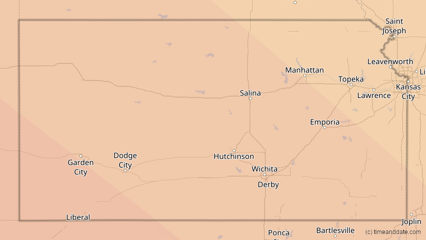 A map of Kansas, USA, showing the path of the 15. Nov 2077 Ringförmige Sonnenfinsternis