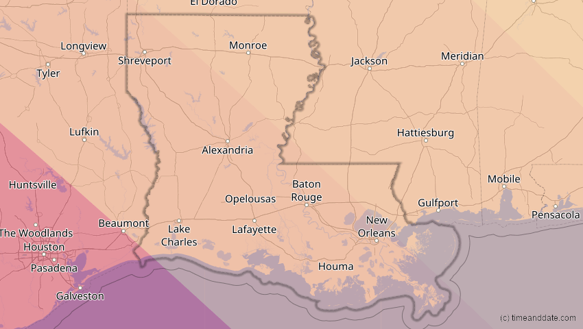 A map of Louisiana, USA, showing the path of the 15. Nov 2077 Ringförmige Sonnenfinsternis