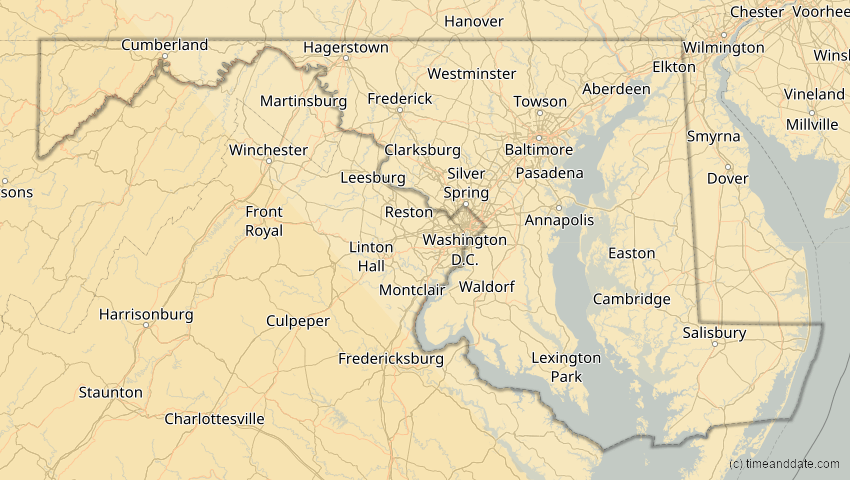 A map of Maryland, USA, showing the path of the 15. Nov 2077 Ringförmige Sonnenfinsternis