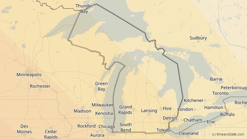 A map of Michigan, USA, showing the path of the 15. Nov 2077 Ringförmige Sonnenfinsternis