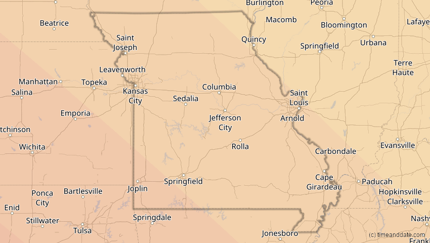 A map of Missouri, USA, showing the path of the 15. Nov 2077 Ringförmige Sonnenfinsternis