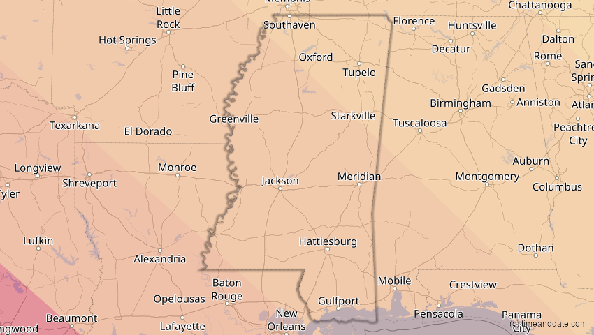 A map of Mississippi, USA, showing the path of the 15. Nov 2077 Ringförmige Sonnenfinsternis