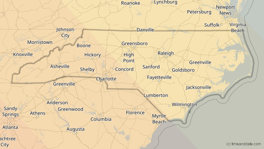 A map of North Carolina, USA, showing the path of the 15. Nov 2077 Ringförmige Sonnenfinsternis