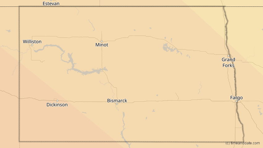 A map of North Dakota, USA, showing the path of the 15. Nov 2077 Ringförmige Sonnenfinsternis