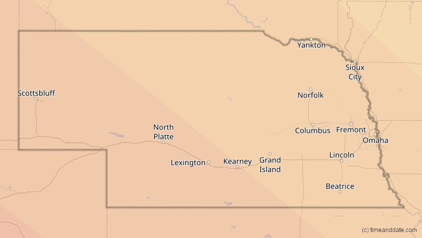 A map of Nebraska, USA, showing the path of the 15. Nov 2077 Ringförmige Sonnenfinsternis