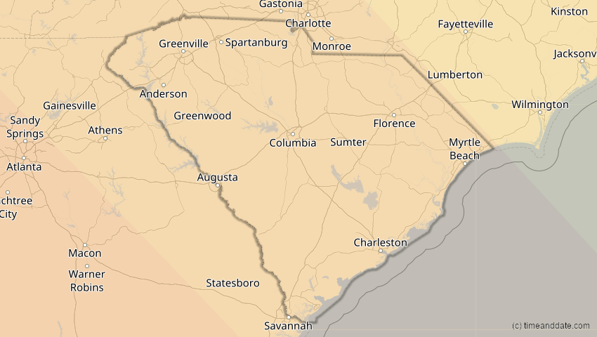A map of South Carolina, USA, showing the path of the 15. Nov 2077 Ringförmige Sonnenfinsternis