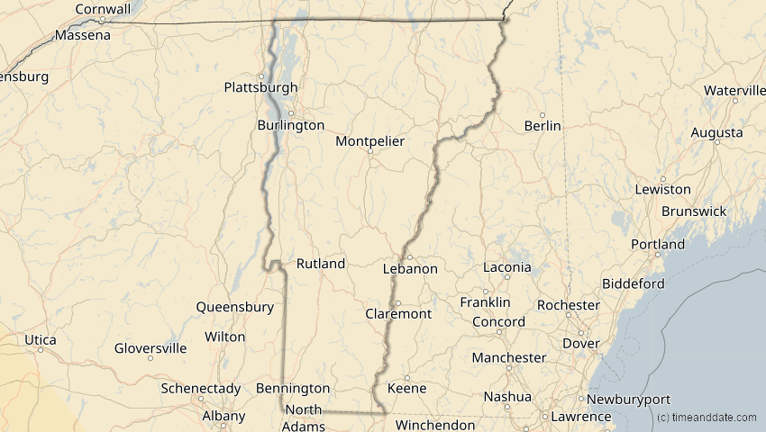 A map of Vermont, USA, showing the path of the 15. Nov 2077 Ringförmige Sonnenfinsternis
