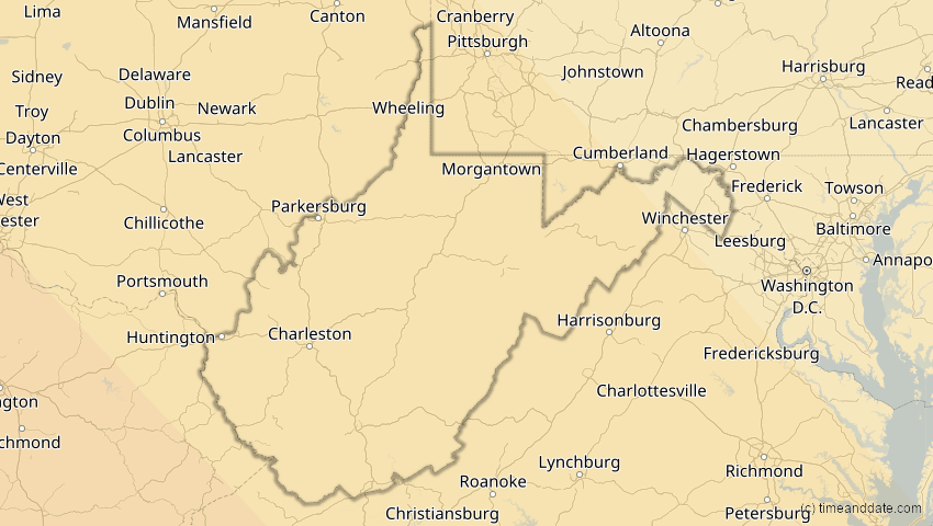 A map of West Virginia, USA, showing the path of the 15. Nov 2077 Ringförmige Sonnenfinsternis