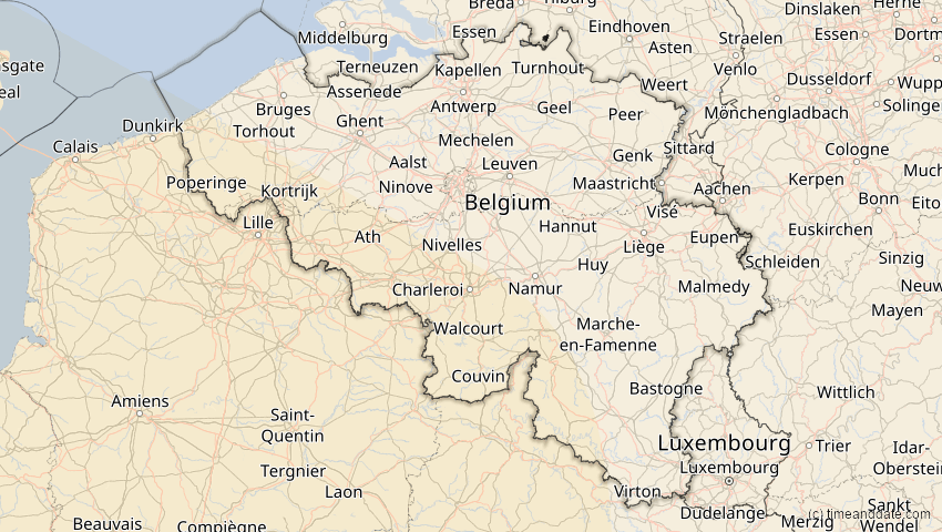 A map of Belgien, showing the path of the 11. Mai 2078 Totale Sonnenfinsternis