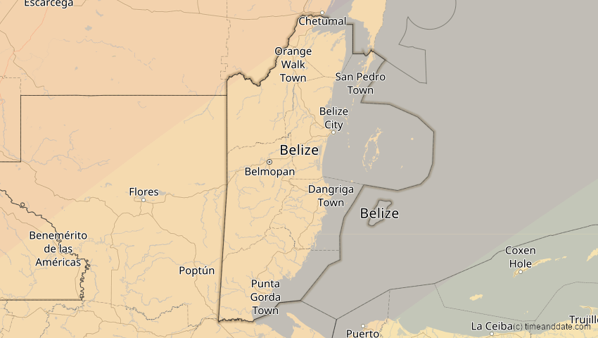 A map of Belize, showing the path of the 11. Mai 2078 Totale Sonnenfinsternis